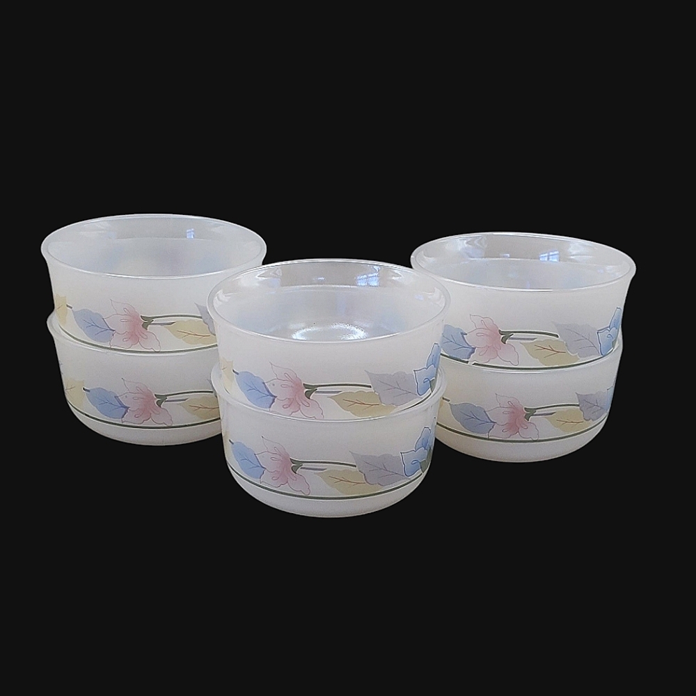VTG Arcopal France, Flo Pattern Ramekin/ Custard Milk Glass Opal Ware Set Of Six